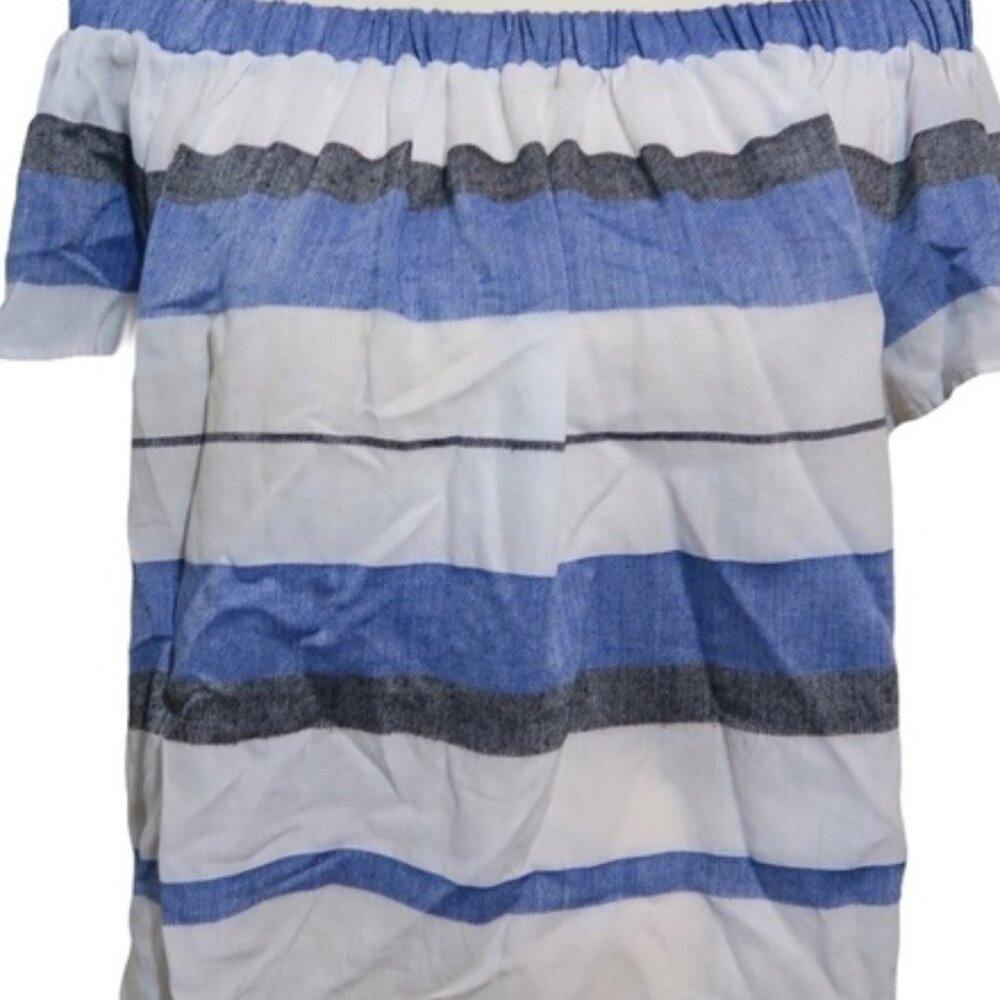 Max Studio Blue Striped Crop Top Chambray Gray Short Sleeve Off Shoulder Lg